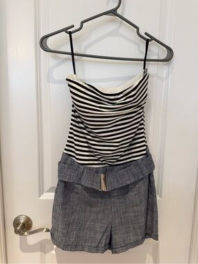 2B Bebe Black & White Striped Mini Skirted Romper with Chambray-Blue Shorts